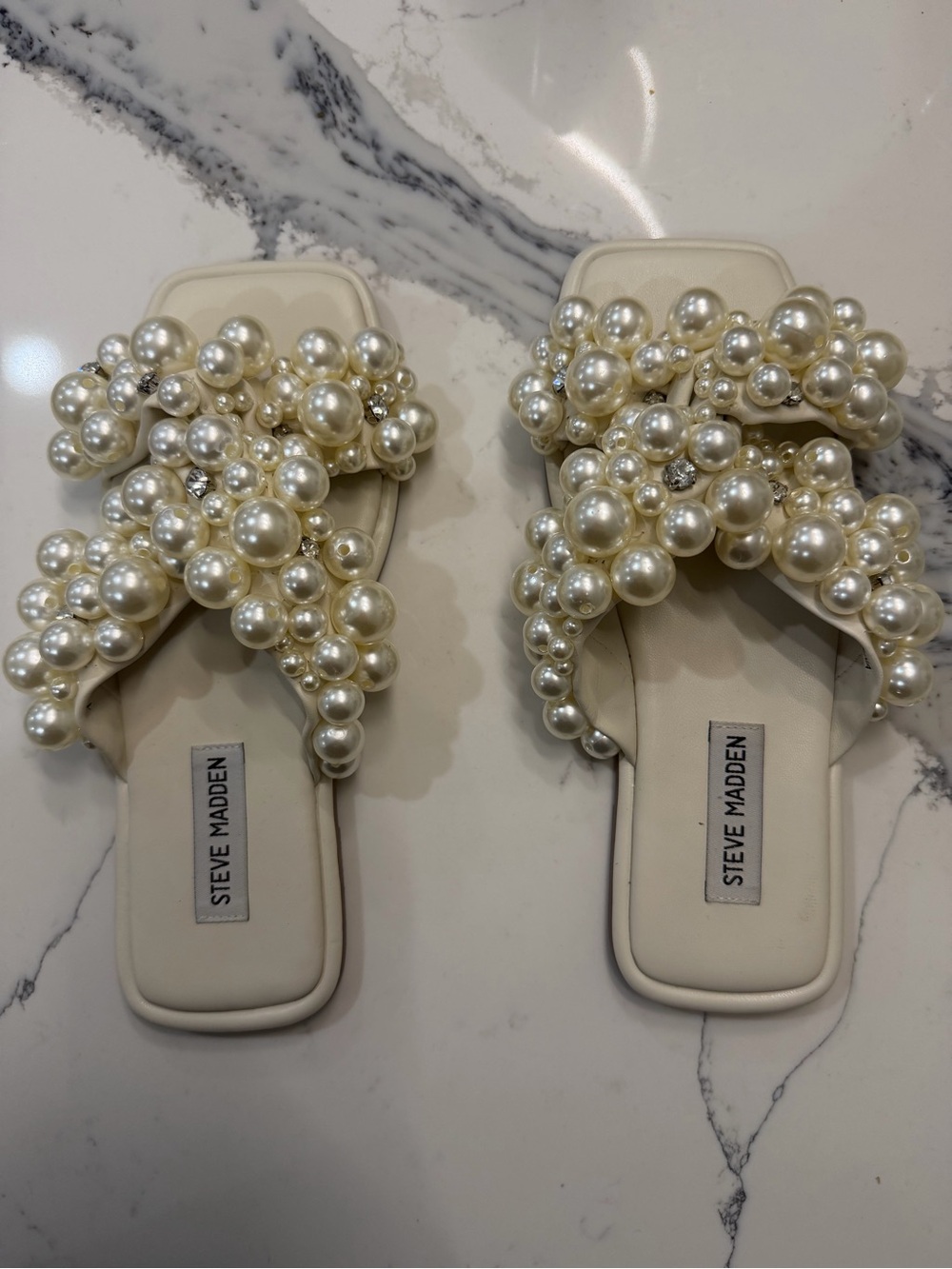 Steve Madden Pearl-Clustered Cream Slide Sandals